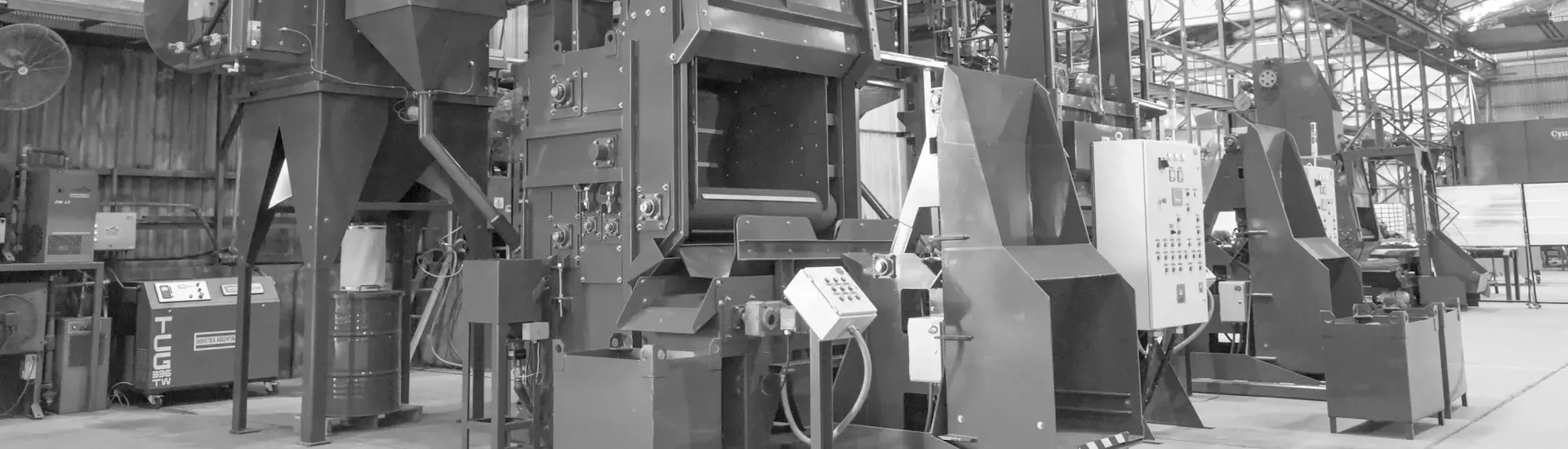 CYM LT 240 tumblast machine Two CYM LT 240 rotary belt shot blasting machines in FAT testing before shipment to Urrea Mexico hand tools