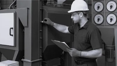 CYM Materiales shot blast technical service CYM Materiales technician with hard hat and clipboard performing inspection and diagnosis of shot blasting machine